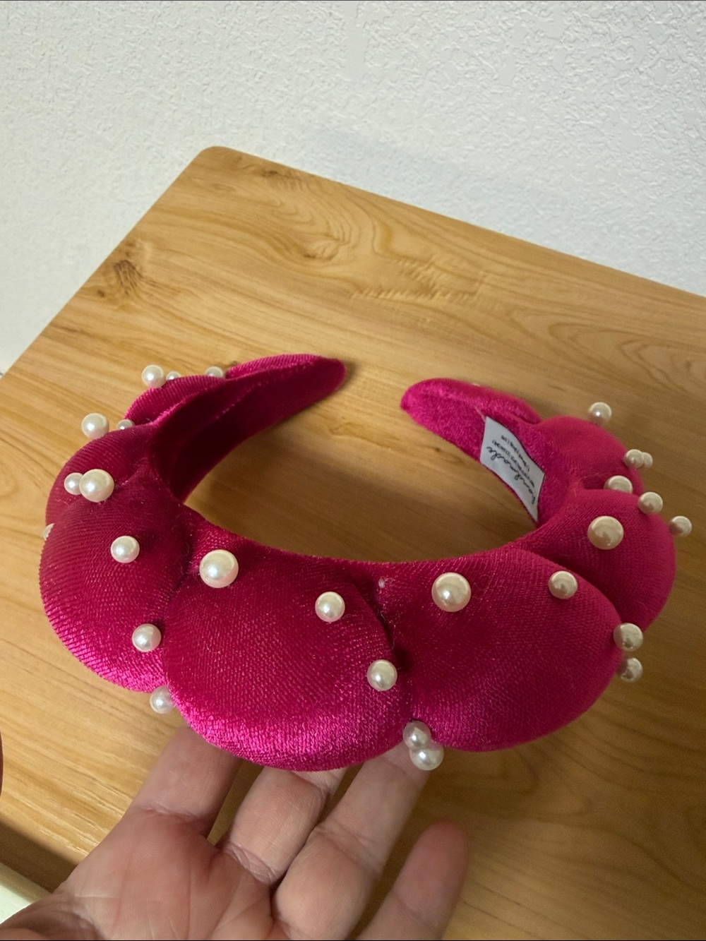 Fuchsia Velvet Pearl-Studded Padded Headband